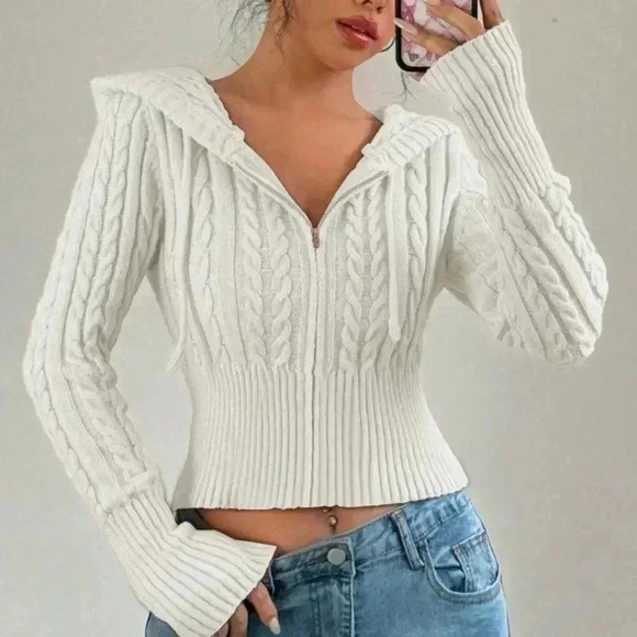 White Casual Women's Fitted Drawstring Hooded Cardigan - Picture 3 of 5